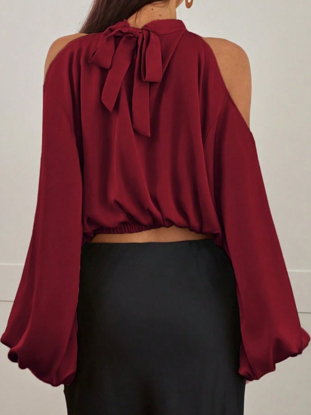 Burgundy Sexy Women's Long Sleeve Puff Sleeve Elegant Party Blouse - Picture 2 of 7